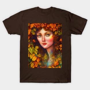 Autumnal Equinox Beautiful Woman Surrounded By Autumn Leaves T-Shirt